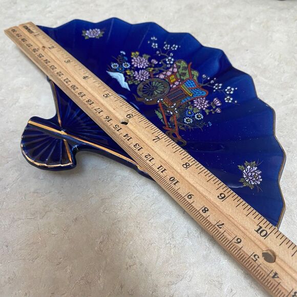 Vintage Cobalt Blue Japanese Fan Porcelain Dish Gold Trim Hand Painted VTG Decor - Picture 6 of 6